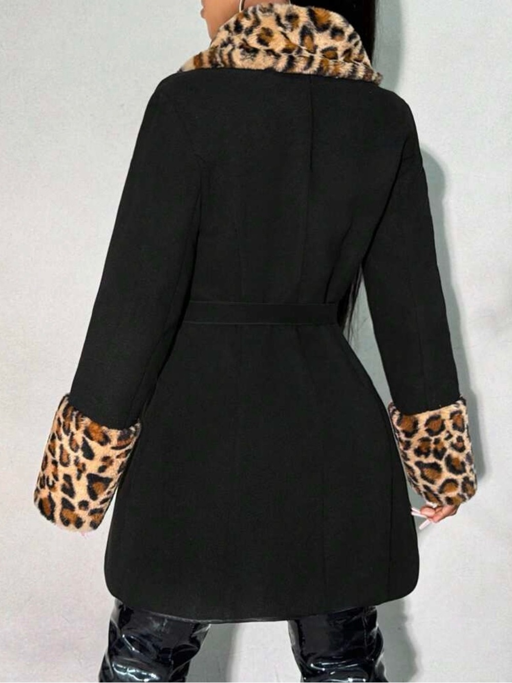 Black Women's Trench Coat with Leopard Faux-Fur Trim - Picture 3 of 6